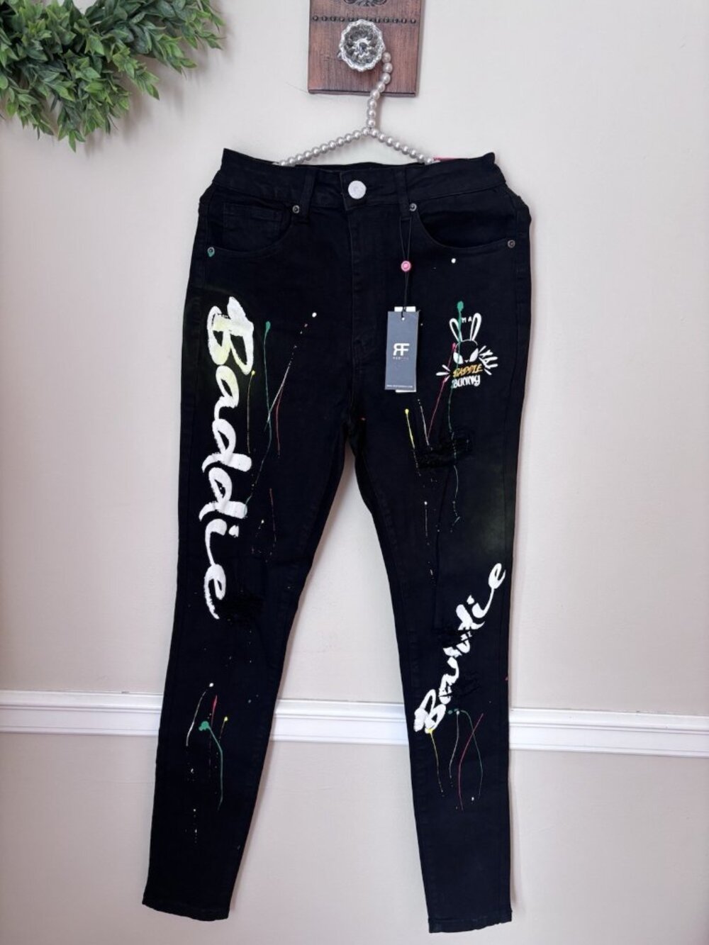 NWT Red Fox Size 11 Black Skinny Jeans Graffiti Baddie Bunny Distressed Stretch